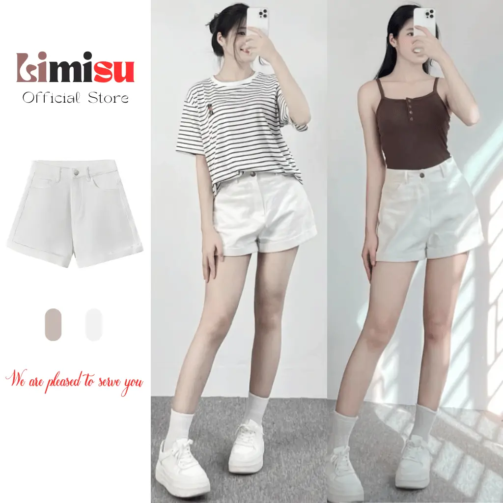 Quần Short KaKi Cạp Cao Gập Gấu, Quần Sooc Nữ KaKi Phong Cách Hàn Quốc