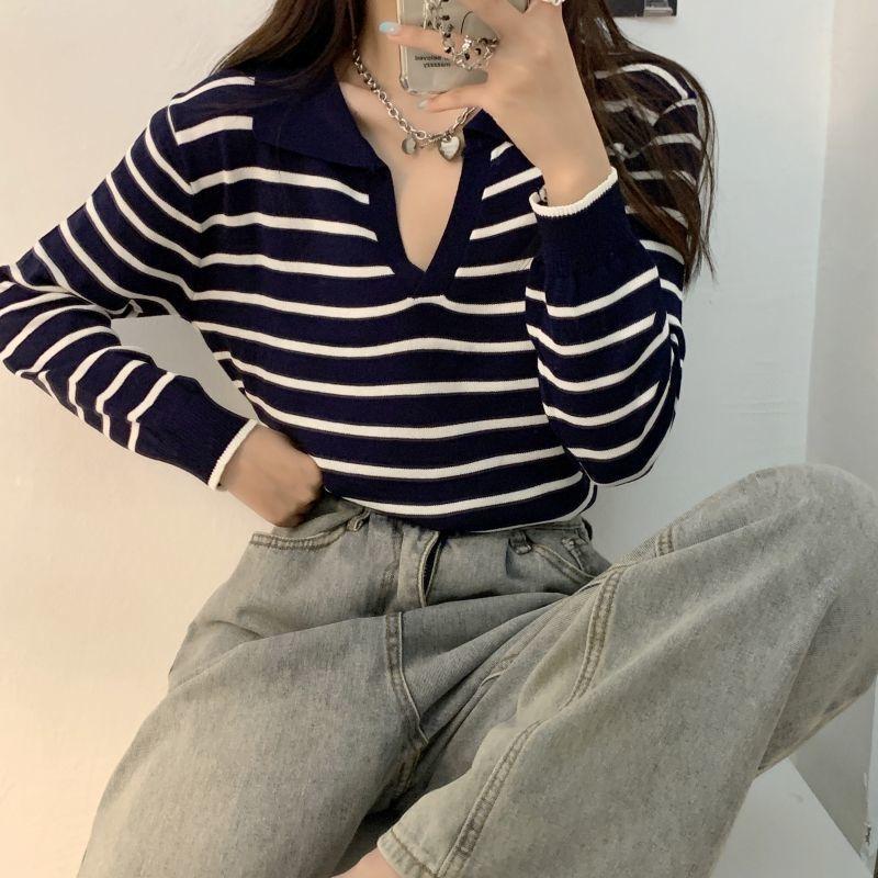 Đồ Len Cổ Polo, Hàng Mới Về Mùa Xuân Và Mùa Thu, Áo Sơ Mi Lớp Nền Mỏng Sọc Cho Nữ, Có Thể Mặc Ngoài Trời, Thiết Kế Khăm Áo Thời Trang, Quần Áo Nữ Top Women aolennu ưachuông aolen uniq  lovietnam 6