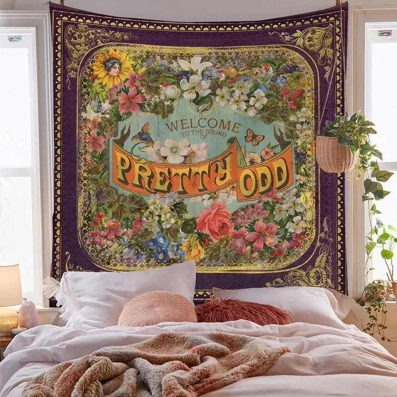 Vintage Letter & Flower & Border Pattern Tapestry, Aesthetic Classical Creative Wall Hanging Decor, Wall Art Decor for Home Living Room Bedroom Gallery Dinning Room 4
