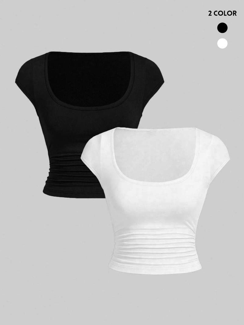 Product Introduction of Women's  Solid Ruched Scoop Neck Crop Tee, Casual Cap Sleeve T-shirt for Summer, Ladies Clothes for Daily Wear 5