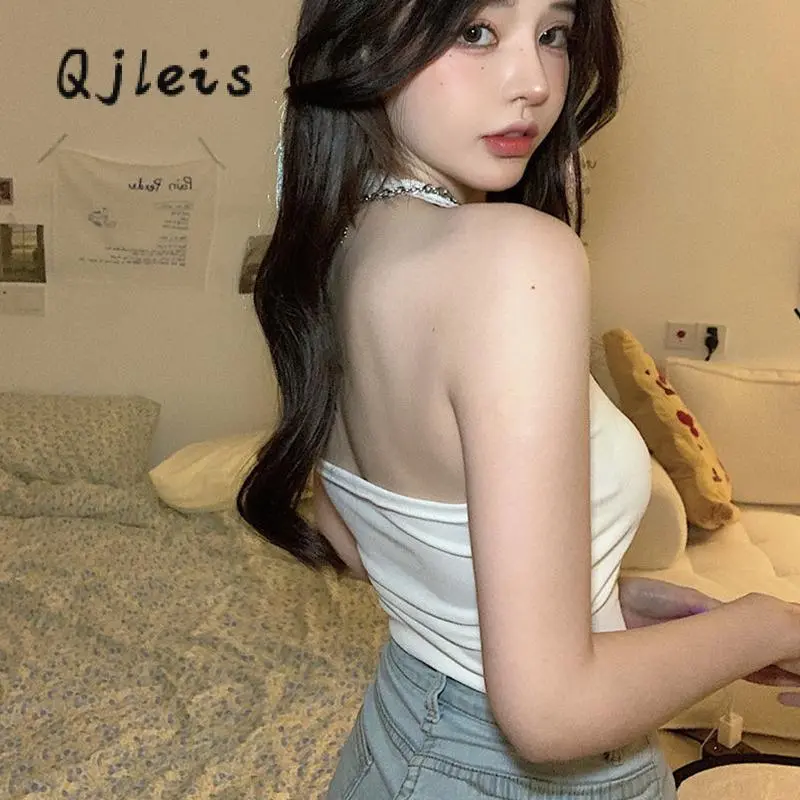 Women Fashion Tank Tops Lace Trim Bow Embroidery Halter Neck Vests Summer Slim Fit Backless Sleeveless Cropped Tops Streetwear Polyester Womenswear