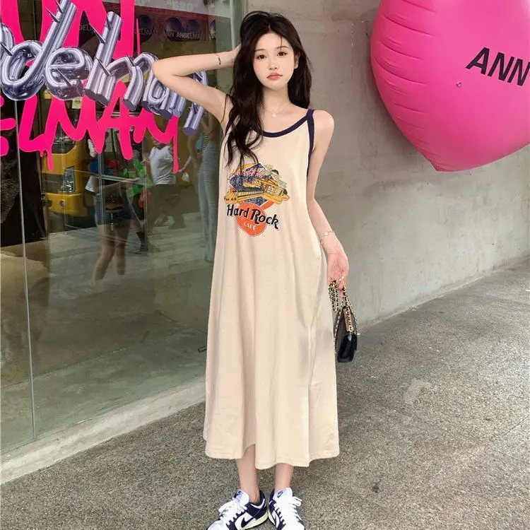 Hong Kong Style Retro Printing Slip Dress Women's Summer 2025 New Design Sense Loose Slim Vest Long Skirt