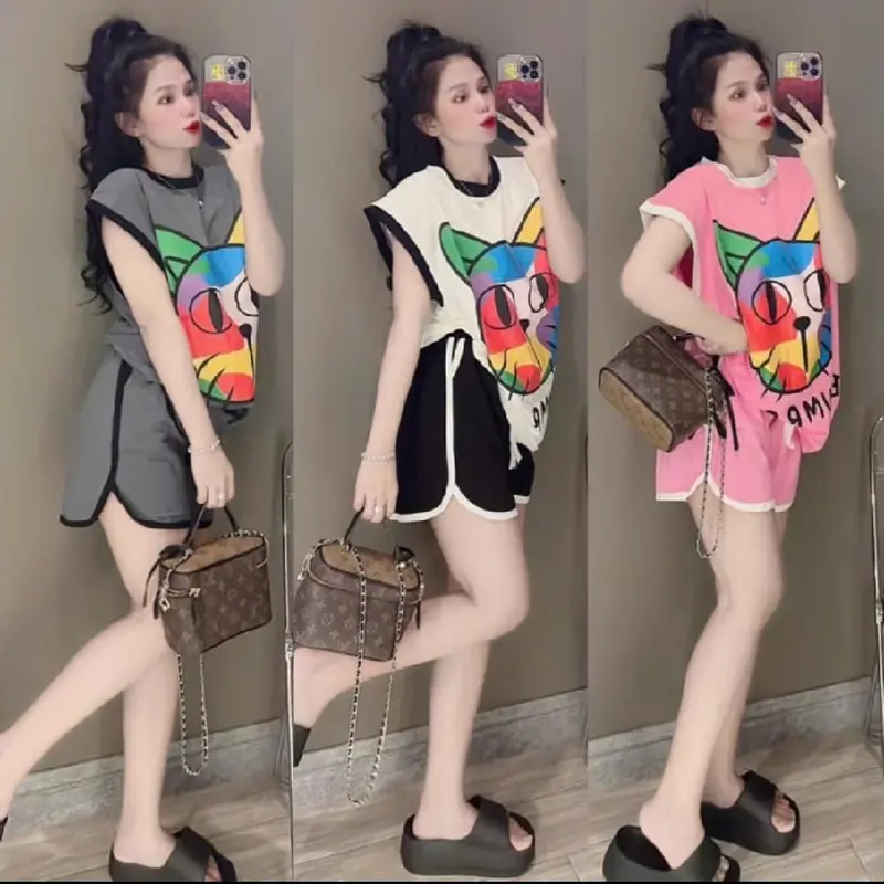 Set Bộ Đùi Nữ hình mèo Cute Form Rộng Chất Cotton, Bộ Cộc Tay co giãn 4 chiều Thấm Hút mồ hôi năng Động trẻ trung xinh Đẹp 0