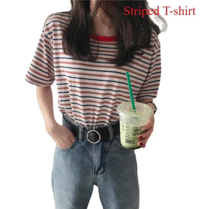 Striped T-shirt, short sleeved T-shirt,, versatile T-shirt, pure cotton T-shirt, Lingerie Korean version T-shirt, Crewneck comfortable T-shirt, Lady green T-shirt, red T-shirt, khaki T-shirt Top Womenswear Round Neck Women Casual Streetwear Fitted