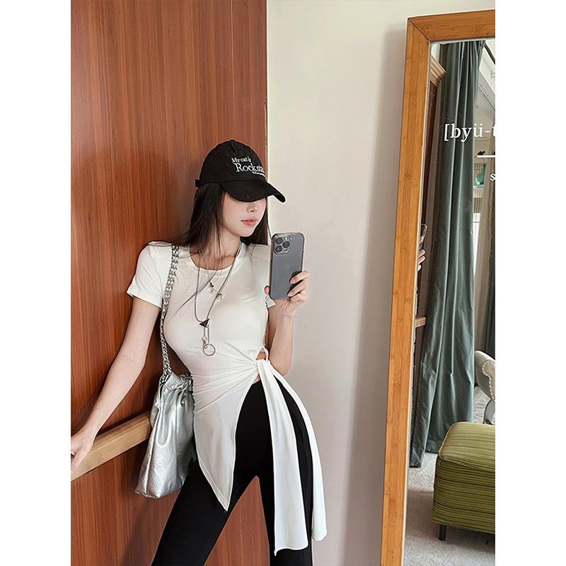 Product Introduction of Áo Thun Ngắn Tay Dây Đeo Thắt Lưng Đầu Xẻ Bất Đối Xứng MOSESQUEEN, Dành Cho Nữ, Áo Đệm Vai Đầu Mùa Thu Cao Cấp, Thiết Kế Mặc Trong Độc Đáo Và Sang Trọng, 62807 2