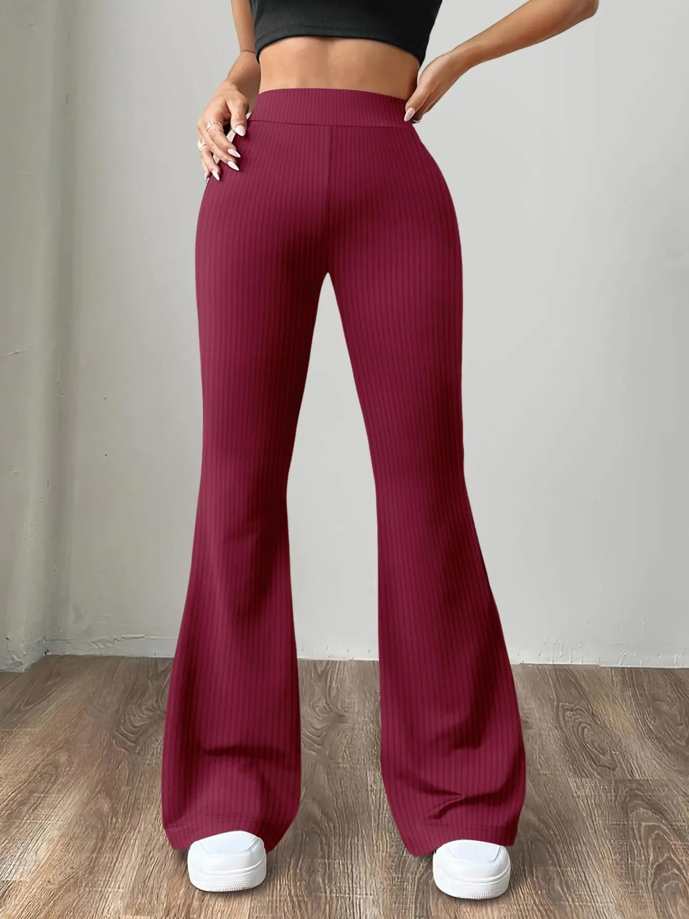 Women's Ribbed Flare Leg Leggings, Casual Comfy High Waist Bell Bottom Trousers for Daily Wear, Ladies Bottoms for All Seasons