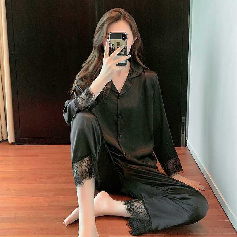 Baju Tidur Wanita Piyama Set BS-5110 Setelan Lace Renda Ice Silk Lengan ...