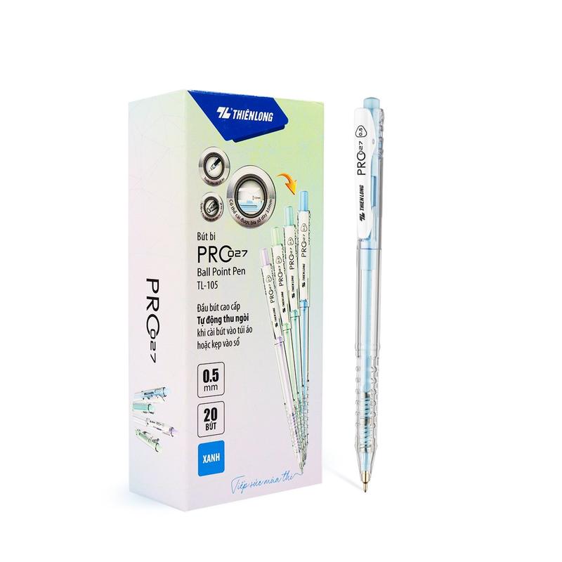 Combo 20 Bút bi Thiên Long 027 Pro ngòi 0.5mm mực xanh đen thân bút màu pastel thời trang tự động thu ngòi TL-105