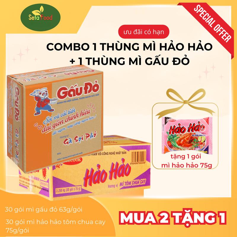 [TẶNG 1 GÓI HẢO HẢO 75G] Combo 1 thùng 30 gói mì Hảo Hảo + 1 thùng 30 gói mì Gấu Đỏ + TẶNG THÊM 1 gói mì HẢO HẢO 75g Miến Cay Food Mì gói