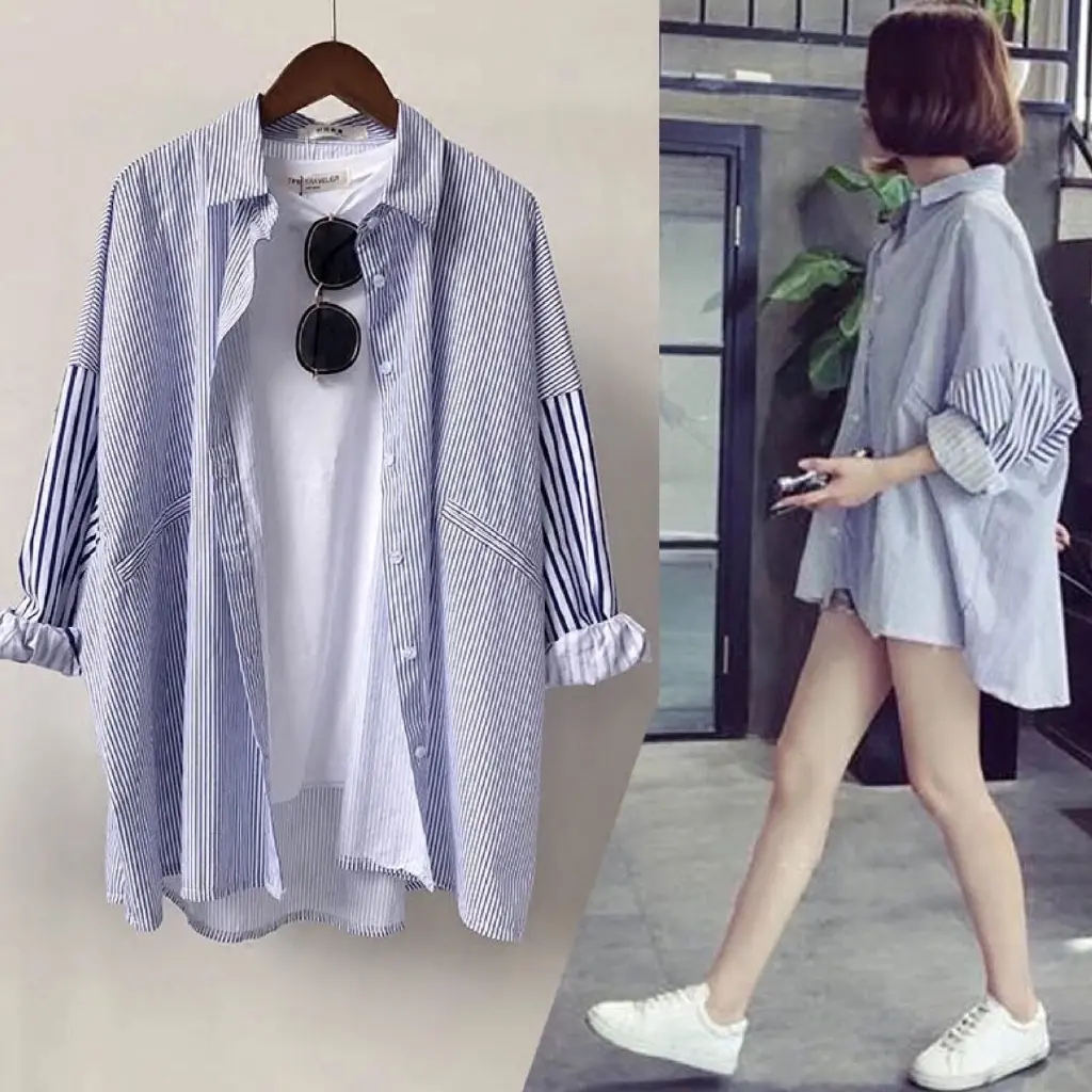 Korean style Oversize Stripe Shirt for women Long Sleeve Casual Loose Blouse Tops