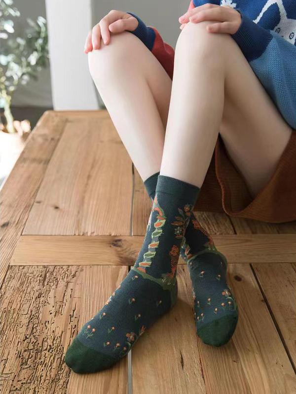 Women's 4 Pairs Animal & Floral Print Crew Socks, Casual Fashion Street Comfy Socks For Daily Vacation Party, Women's Socks For All Seasons 4