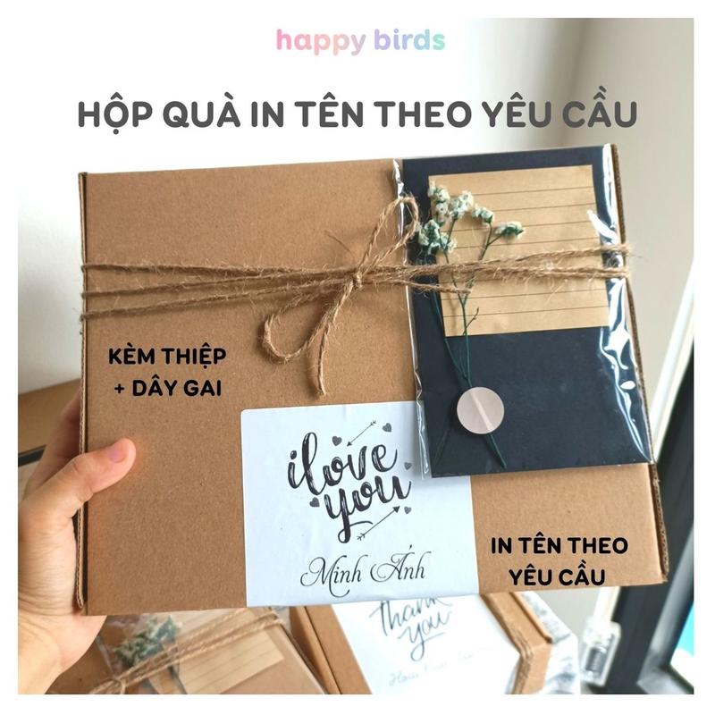 Hộp đựng quà viết tên theo yêu cầu kèm thiệp rơm in tên carton nắp gài giấy kraft tặng quà sinh nhật 25x20x6cm 15x10x5cm