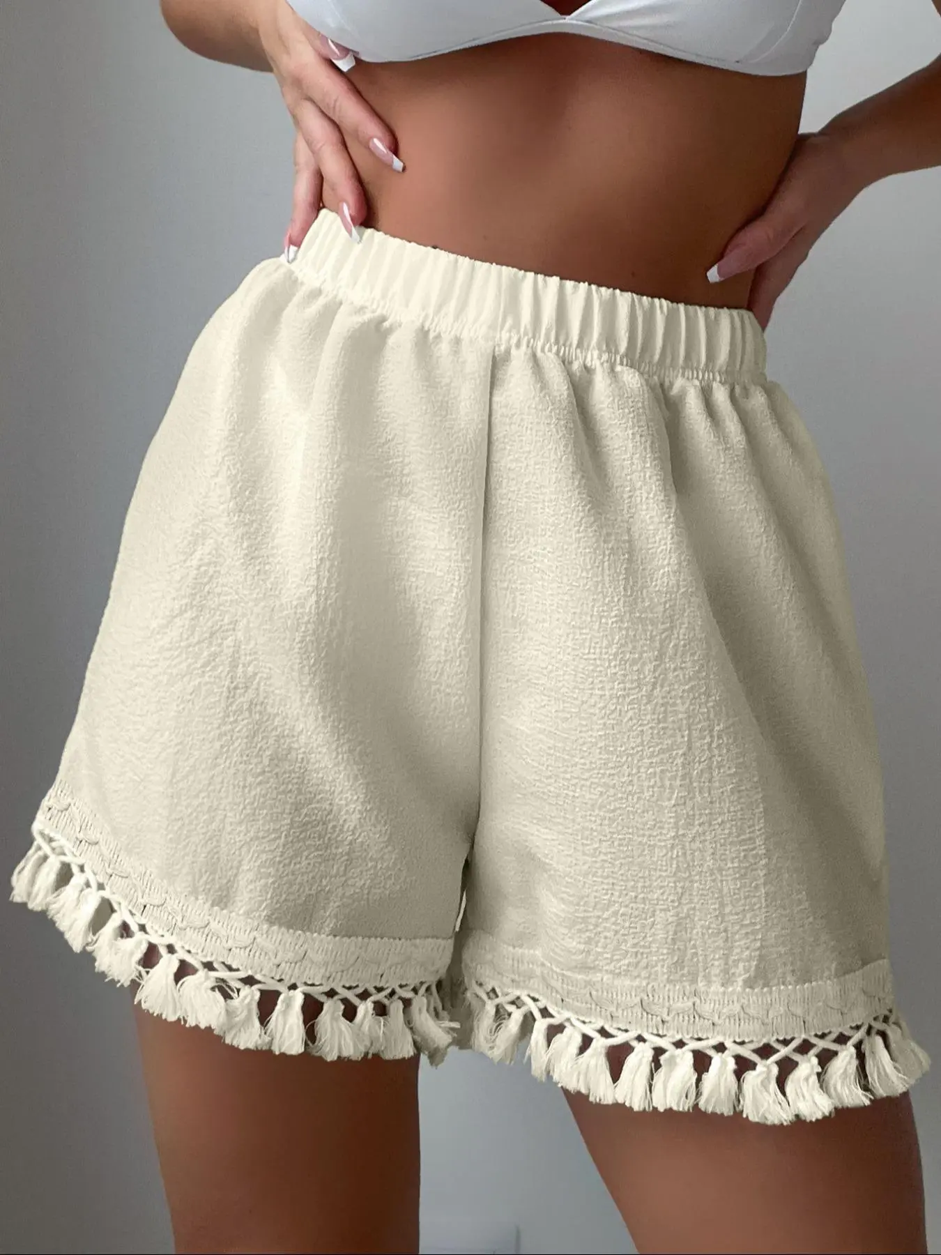 Women's Solid Color Fringe Trim Cover Up Shorts, Casual Breathable Cover Up Shorts for Beach Holiday Vacation, Ladies Swimwear for All Seasons