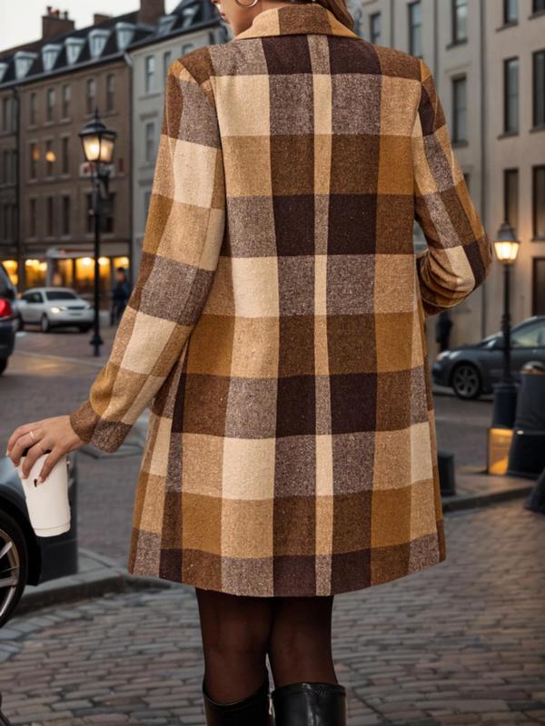 Women's Plaid Print Double Button Lapel Neckline Coat, Elegant Long Sleeve Pocket Design Outerwear for Fall & Winter, Women's Clothing for Daily Wear 1