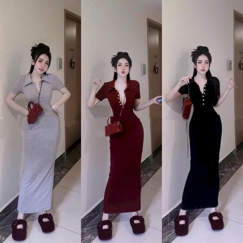 SM - Đầm ôm nữ tay ngắn cổ bẻ phối nút dáng dài tôn dáng - thun gân lạnh H745 Váy boby , váy body nữ tôn dáng , váy xinh , váy đi tiệc , váy đi biển