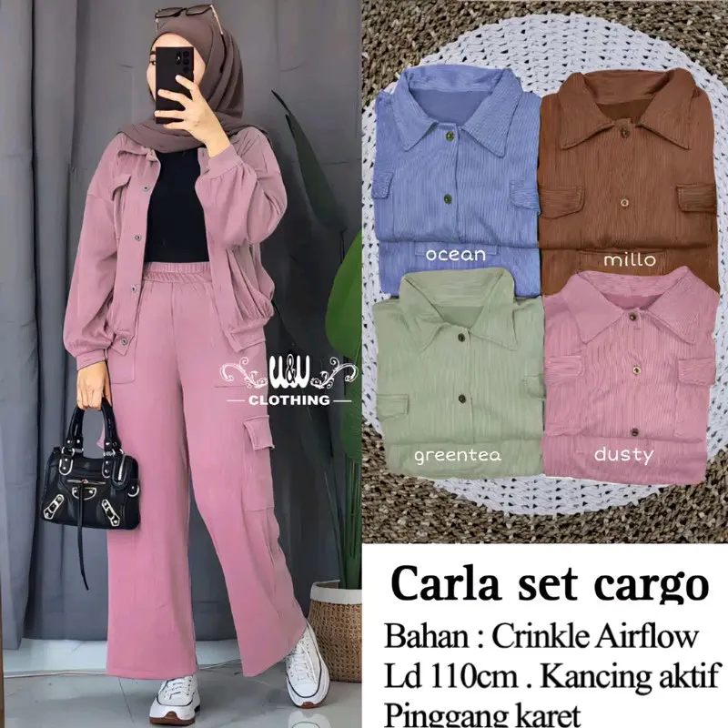 Carla Set Cargo Bahan Cringkle/ Setelan Cargo Saku Wanita/ Carla Set Cardigan Kancing Muslim Airflow Baju Celana Crinkle