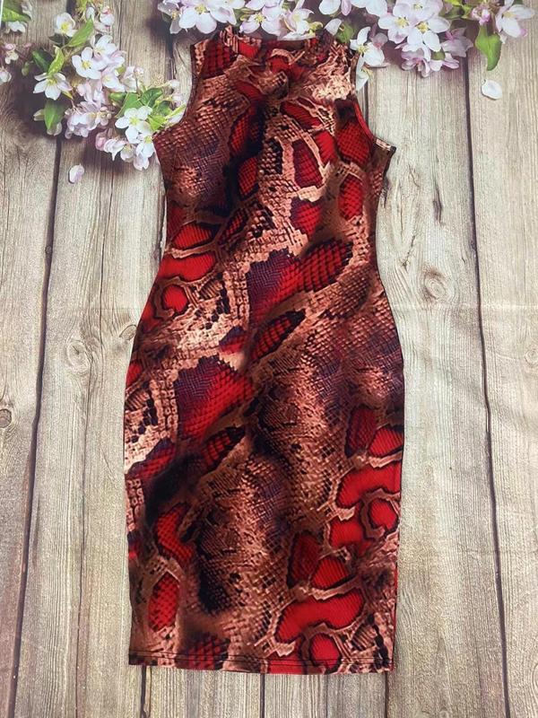 Women's Snakeskin Print Round Neck Bodycon Dress, Casual Sleeveless Tank Dress for Summer, Ladies Clothes for Nightclub Party 2