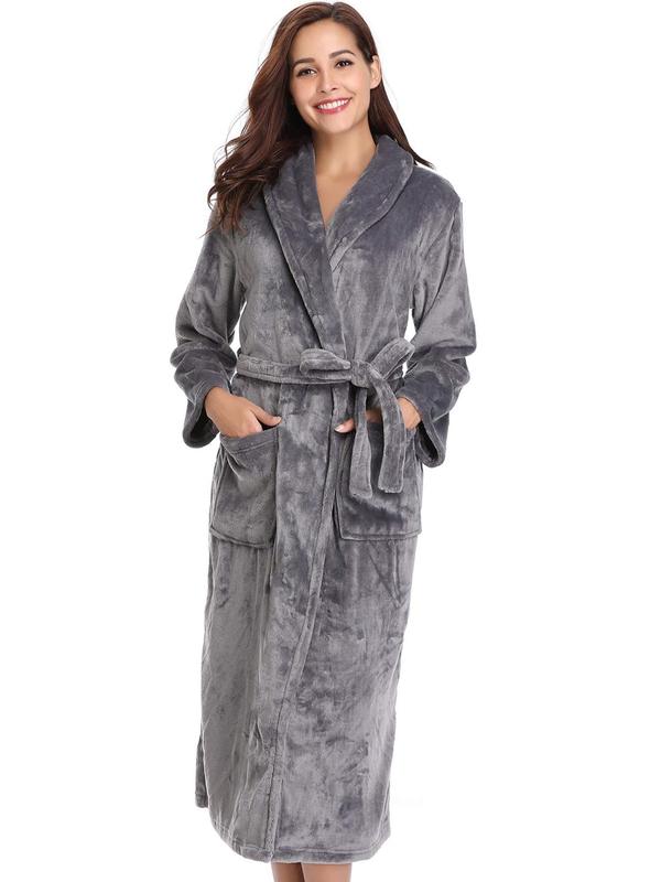 Women's Pocket Belted Shawl Collar Flannel Robe, Casual Long Sleeve Bathrobe Housecoat Dressing, Comfort PJ For Lady, Cold Weather Gear 2
