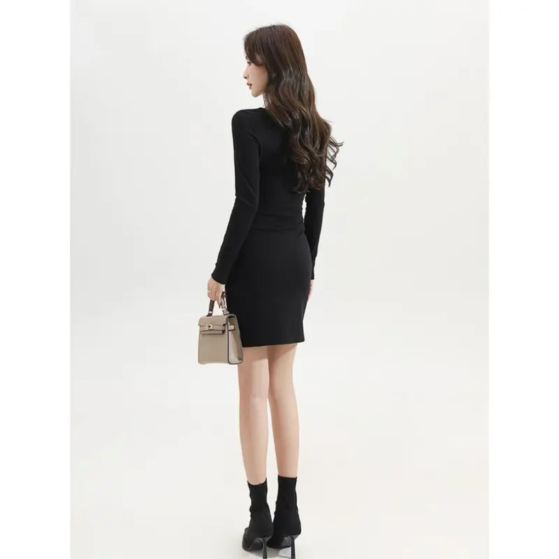 3304 hitam wanita mini dress press body Lengan panjang pantai premium prom dress korean style terbaru 2025 party 1