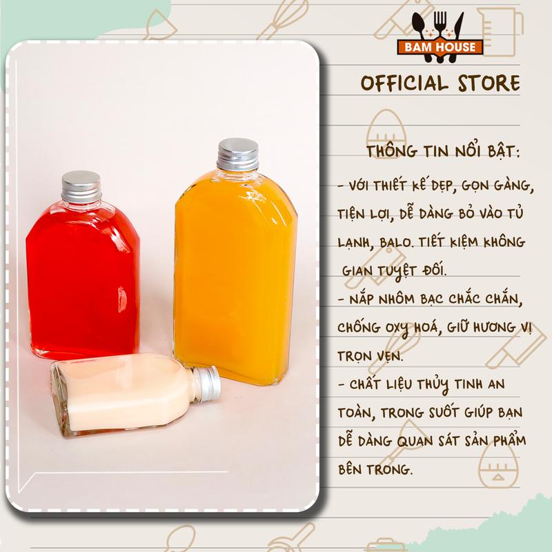 Product Introduction of Chai thủy tinh dẹt xén vai Bam House dung tích 100ml 250ml 350ml 500ml có nắp thiết cao cấp CXV05 0