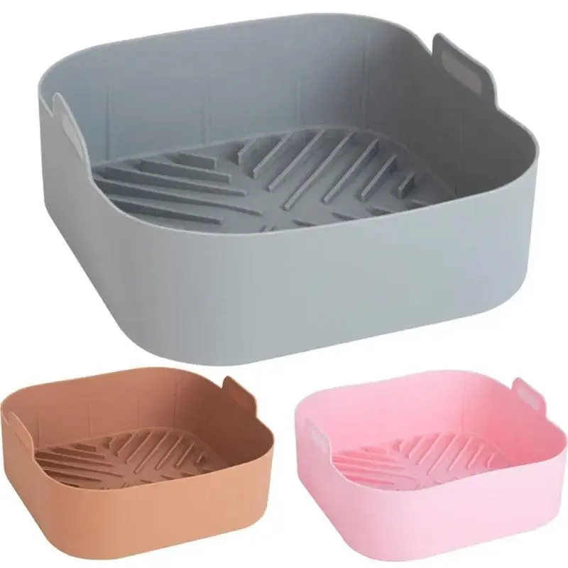 21CM Silicone Air Fryer Pot Tray BBQ Barbecue Pad Plate Airfryer Oven Baking Mold Pot Food Safe Reusable Square Air Fryer Pan