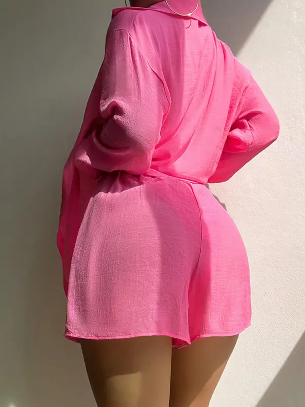 Women's Solid Button Front Pocket Cover Up Shirt & Elastic Waist Shorts Set, Long Sleeve Collared Shirt & Shorts, Casual Summer Outfits Clothes Set for Beach Vacation 1