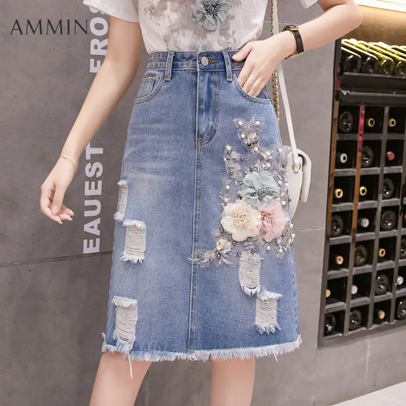 Ammin 2024 Spring/Summer Front Pocket Design Fashion Retro Tassel Holes, Blue Denim Skirt Women's Korean Style Refreshing and Comfortable Applique Flower with Diamond Beaded Design Elegant A- line Raw Edge Short Skirt