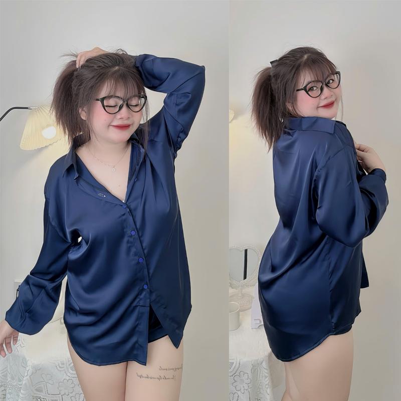 Size (45Kg - 90Kg) Dưới 1m6 Set Ngủ Nữ Sơ Mi Lụa Latin Mềm Mại Mịn Mát Tay Dài Form Áo Đuôi Tôm, Kèm Quần Xéo Chữ V, Kiểu Dáng Giấu Quần Women Dài Tay