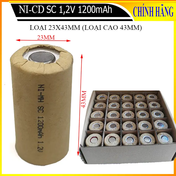 Pin SC 1200mAh 1,2V, Pin Ni-Mh dành cho thiết bị (máy khoan, robot hút bụi) - Bán buôn (Loại pin ngắn 43mm)