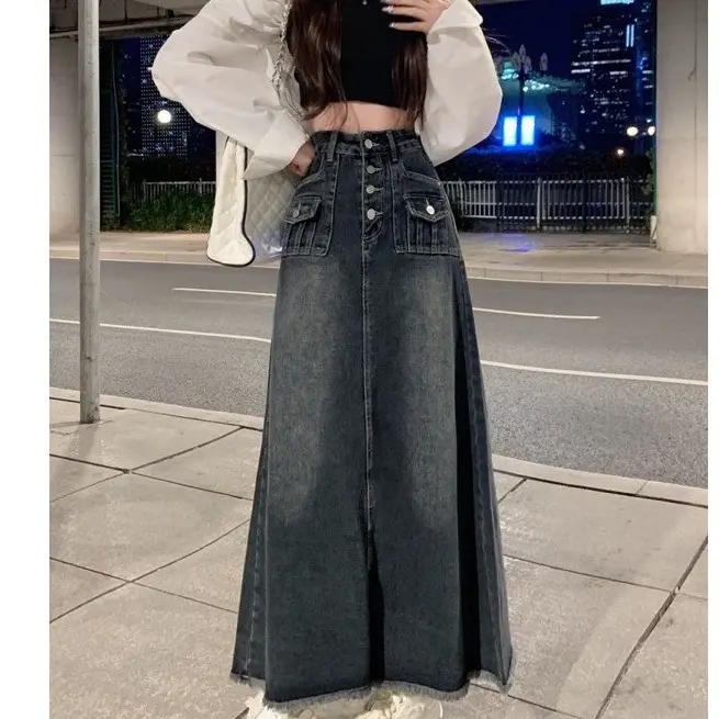 Chân Váy Jeans Nữ Dáng Dài 94cm Túi Hộp Tua Rua Xẻ Sau Chữ A Màu Xanh, Đen khói Demin (ảnh thật shop chụp)V20 - NgocDiepVuSTORE
