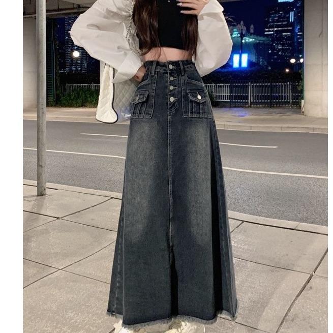  Chân Váy Jeans Nữ Dáng Dài 94cm Túi Hộp Tua Rua Xẻ Sau Chữ A Màu Xanh Đen khói Demin  ảnh thật shop chụp V20 - NgocDiepVuSTORE 