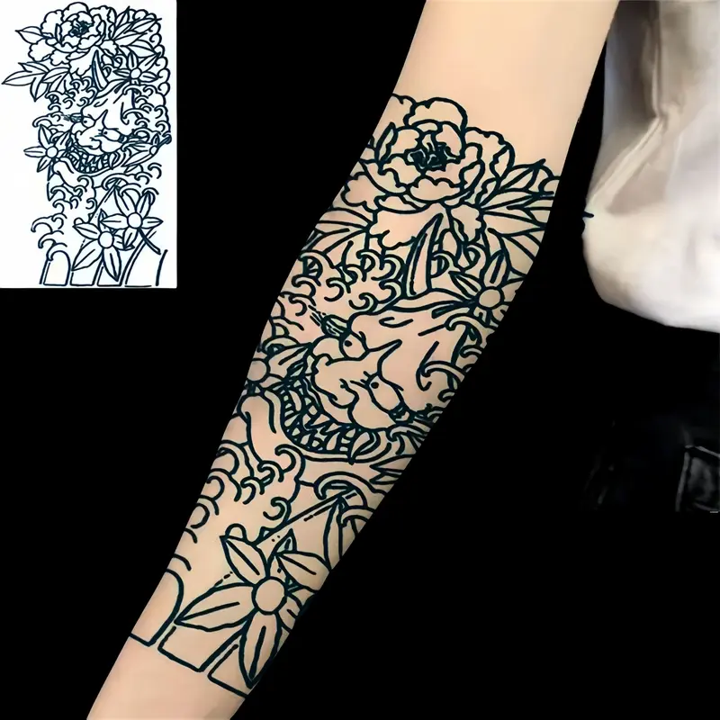 Miếng Dán Hình Xăm Màu Rồng, Cỡ Lớn, Phong Cách Truyền Thống, Đen Trắng, Văn Hóa Hình Xăm Cánh Tay, Cá Tính, Thiết Kế Độc Đáo Hình Xăm Giả 0