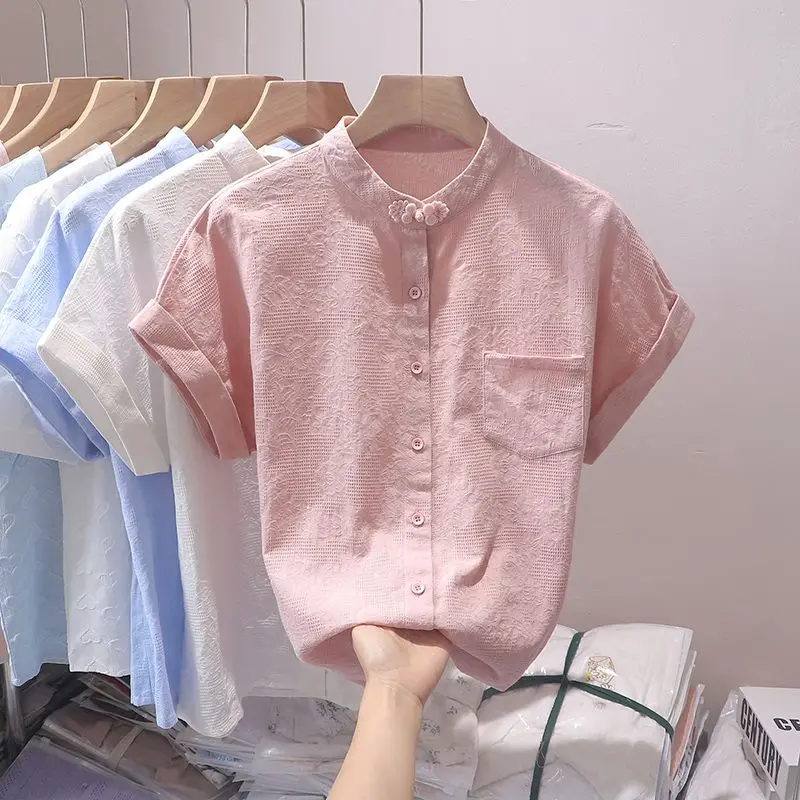 Áo Sơ Mi ngắn Tay Có Cúc Cho Nữ, Phong Cách Trung Quốc Mới, Cổ Chân Đế Áo Mùa Hè, Thiết Kế Cổ Điển Cảm Giác Thanh Lịch Và Sành Điệu, Được Người Thu Thập, Hàng Mới Về, Phong Cách Trung Quốc Hàng Đầu, HK
