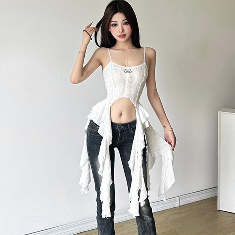 Áo Yếm Cho Nữ, Trang Trí Kim Loại Rách, Viền Xù, Không Tay, Hở Lưng, Áo Ba Lỗ, Áo Vest Mùa Hè 8