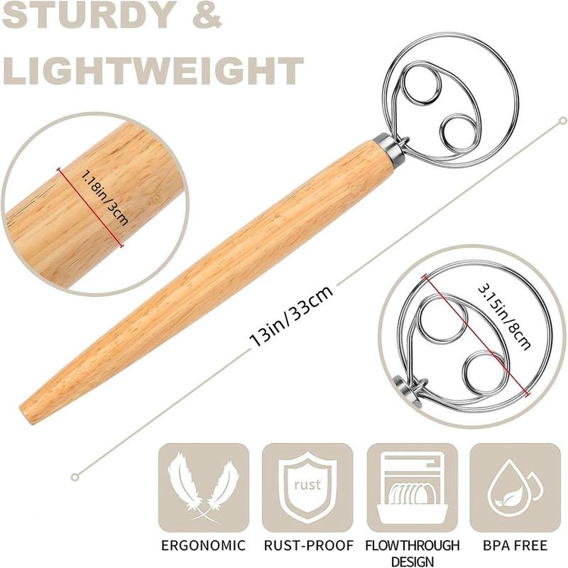 Dough Whisk, 1 Count Stainless Steel 2-hole Design Dough Mixer, Manual Mixer with Wooden Handle, Baking Tool for Kitchen, Kitchen Accessories, Home Utensils 3