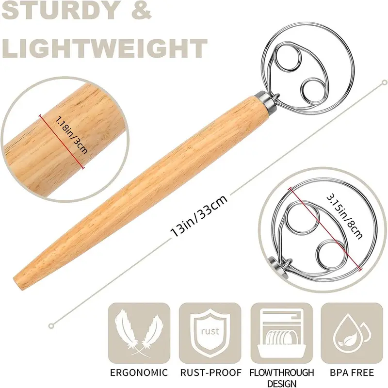 Dough Whisk, 1 Count Stainless Steel 2-hole Design Dough Mixer, Manual Mixer with Wooden Handle, Baking Tool for Kitchen, Kitchen Accessories, Home Utensils 2