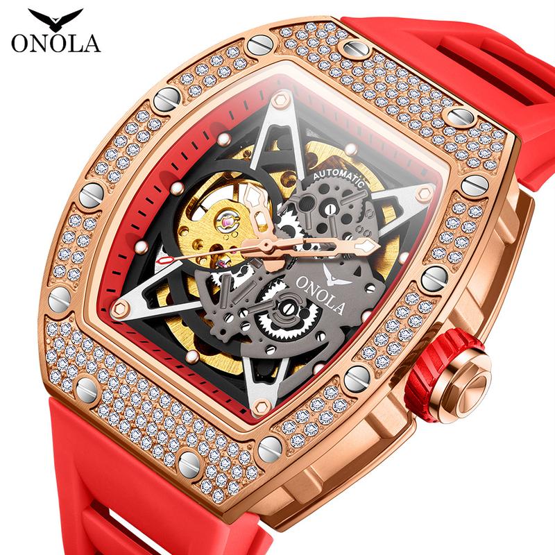 Onola - Đồng Hồ Cơ Tự Động Cho Nam, , Nhúng Kim Cương, Mới, Dây Đeo Silicon, Thời Trang, Không Thấm Nước
