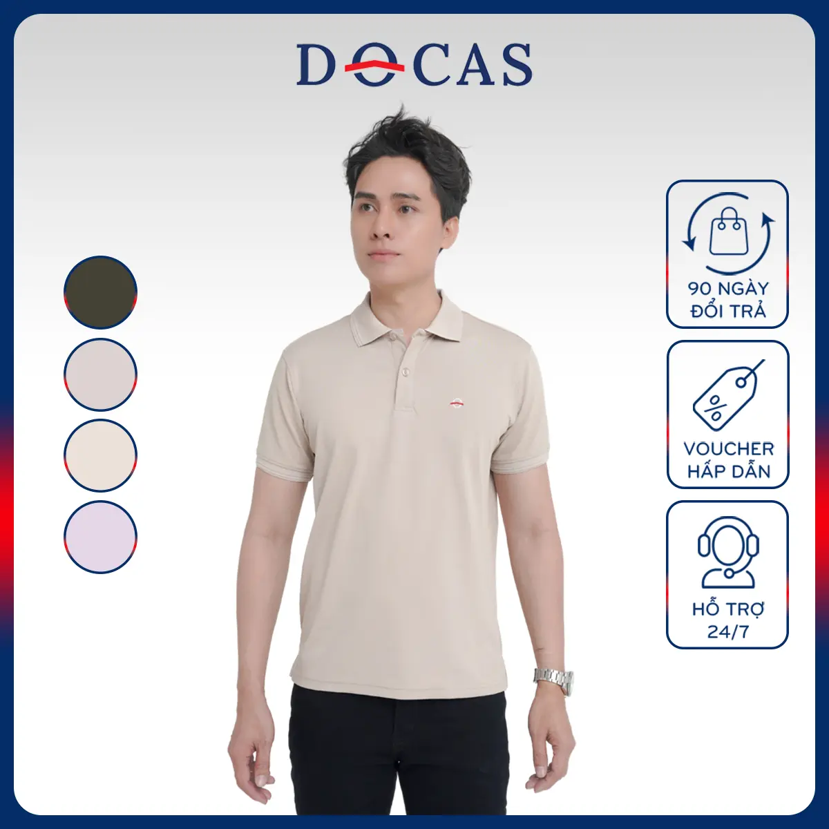 POQ002 Áo Polo Nam DOCAS Vải Cotton CMC Trơn Cổ Bo Dệt Họa Tiết Phom Slim Fit
