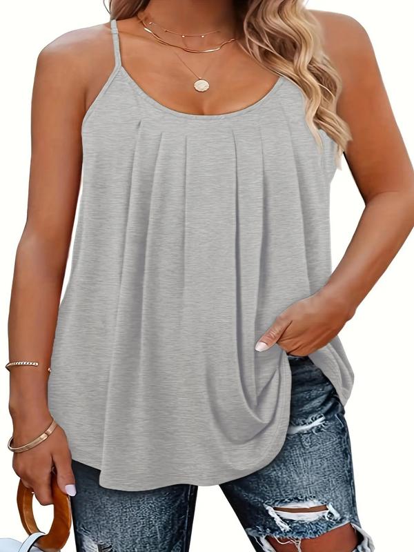【 Plus Size】 Plain Plicated Scoop Neck Cami Top, Comfort Adjustable Spaghetti Strap Top for Lady, Women's Clothing for Daily Wear, Evening Top on Holiday, Womenswear 5