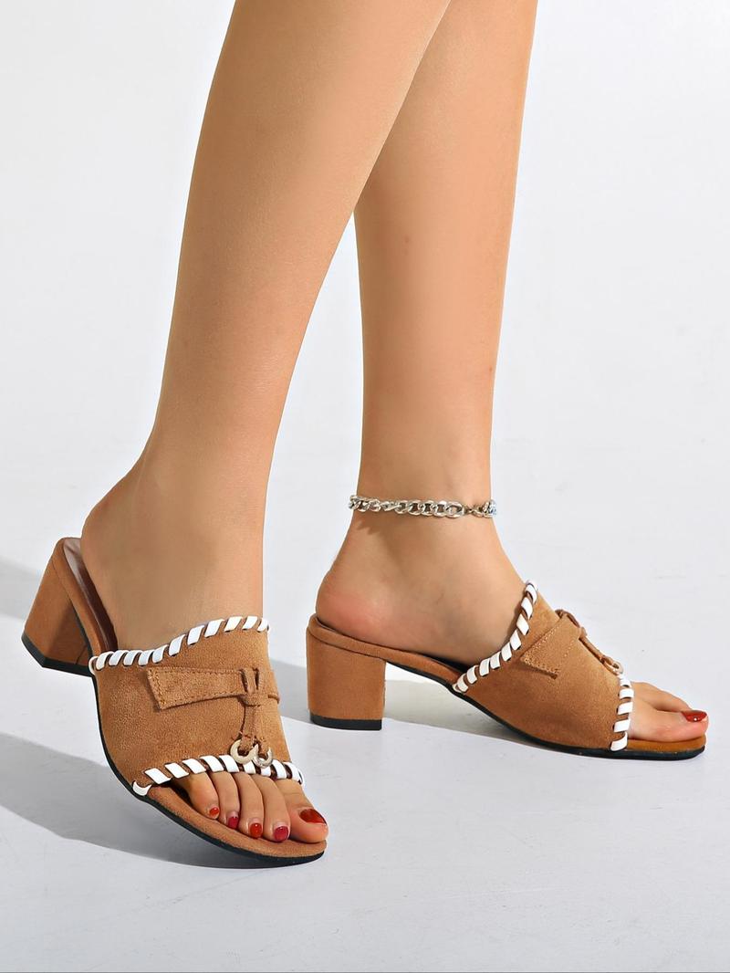 Product Introduction of Women's Fashionable Patchwork Design Heeled Sandals, Casual Versatile Thick Heel Sandals for Daily Wear, Summer Graduation High Heels Sandals, Vacation Shoes 2