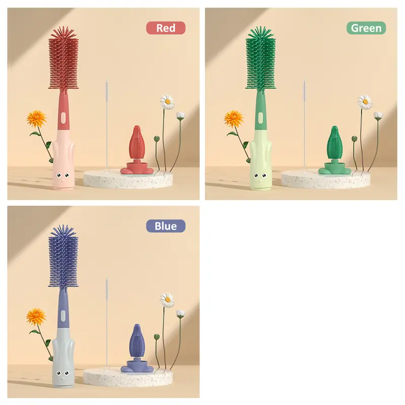 BAMBINO Sikat Botol 3 in 1 Silicone Bayi Silikon BPA Free Dapat Berputar 360 Biru Bottle Merah Pembersih Pembersih 7