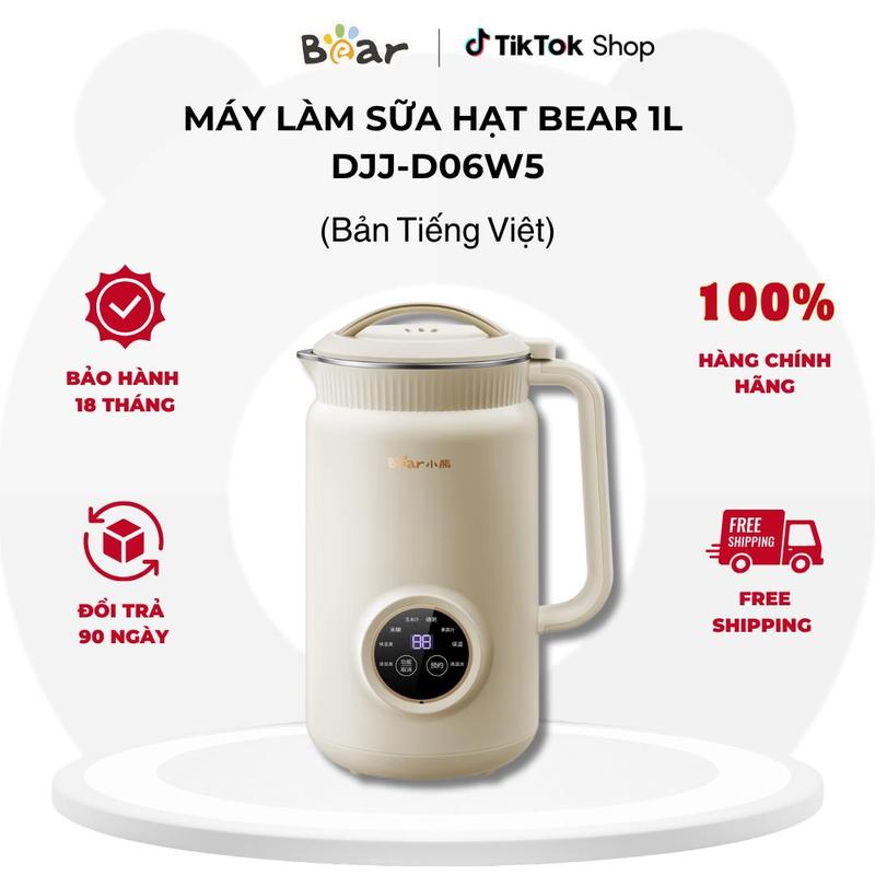 Máy Làm Sữa Hạt Bear DJJ-D06W5 (SMM-4H06S) 1L, 8 Chế Độ Nấu, Lưỡi 10 Cánh, Hẹn Giờ, Bảo Hành 18 Tháng, Hàng Chính Hãng