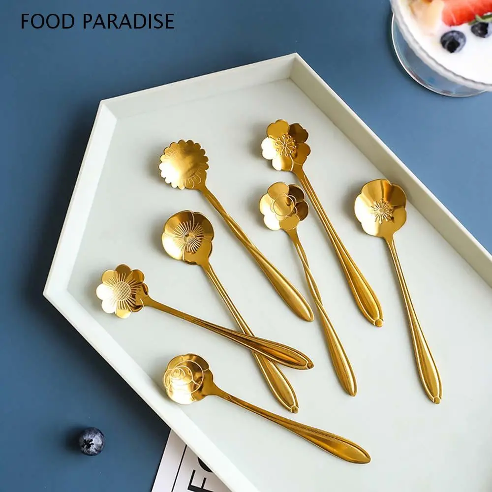 FOOD PARADISE Vintage Small Bar tools Stainless Steel for Sugar Ice Cream Coffee Dessert Mixing Spoon Soup Spoon Teaspoon Cutlery Set Flower Spoon Set