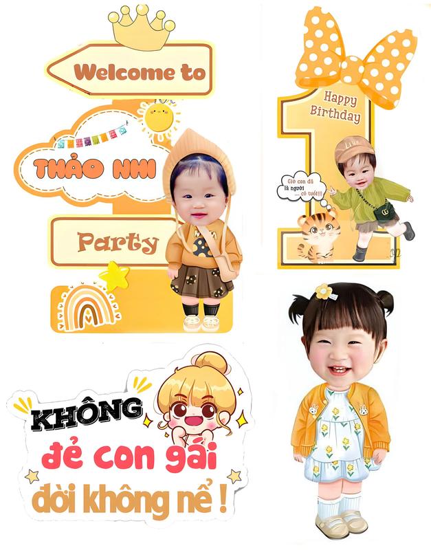 sét 4 chi tiết chibi bé gái trang trí thôi nôi sinh nhật MÀU VÀNG -30Cm bóng bay