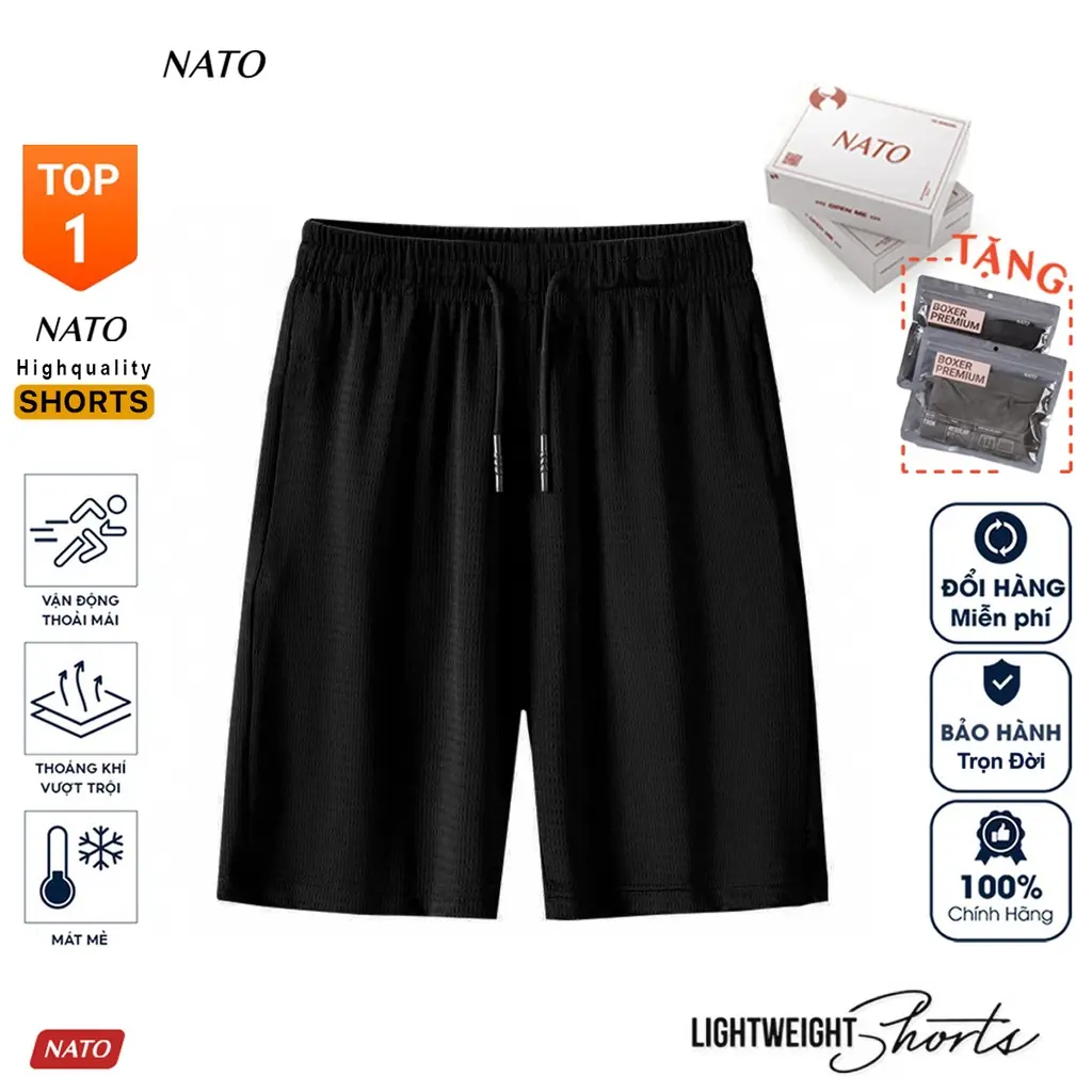 Quần SHORTS Thể Thao Nam Vải Cotton Thun Lạnh Gió Có Túi Xịn Trơn Màu Đen Co Giãn Đẹp Ngắn Đùi NATO