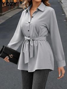 YOZY Women's Plain Belted Button Front Shirt, Elegant Long Sleeve Collared Top for Spring & Fall, Ladies Clothes for Daily Wear