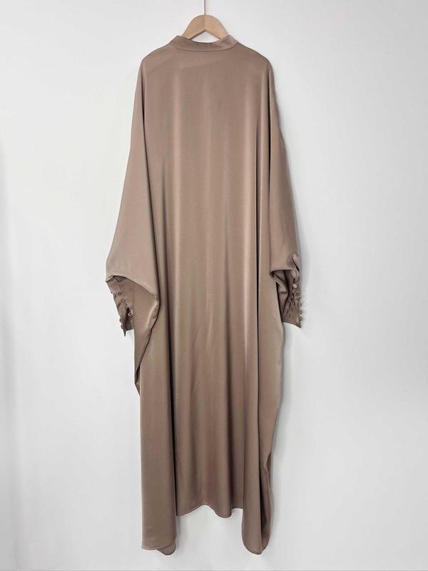 Arabic Clothing-Solid Button Front Batwing Sleeve Kaftan, Modest Mock Neck Long Sleeve Maxi Dress for Women, Women's Islamic Clothing for Spring, Modest Muslim Clothes 4