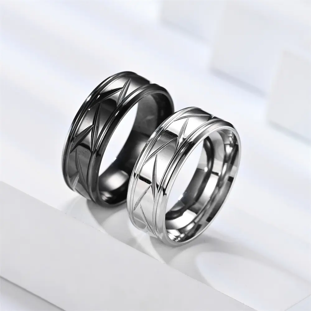 Fashion Men’s Silver Color Black Stainless Steel Ring Groove Multi-Faceted Ring for Men Women Engagement Ring Anniversary Gifts lucky bracelet