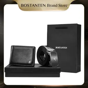 BOSTANTEN Set Kombinasi Dompet PU Dan Sabuk Kulit Sapi Pria 125cm Dapat Dilepas dan Dipotong Pendek