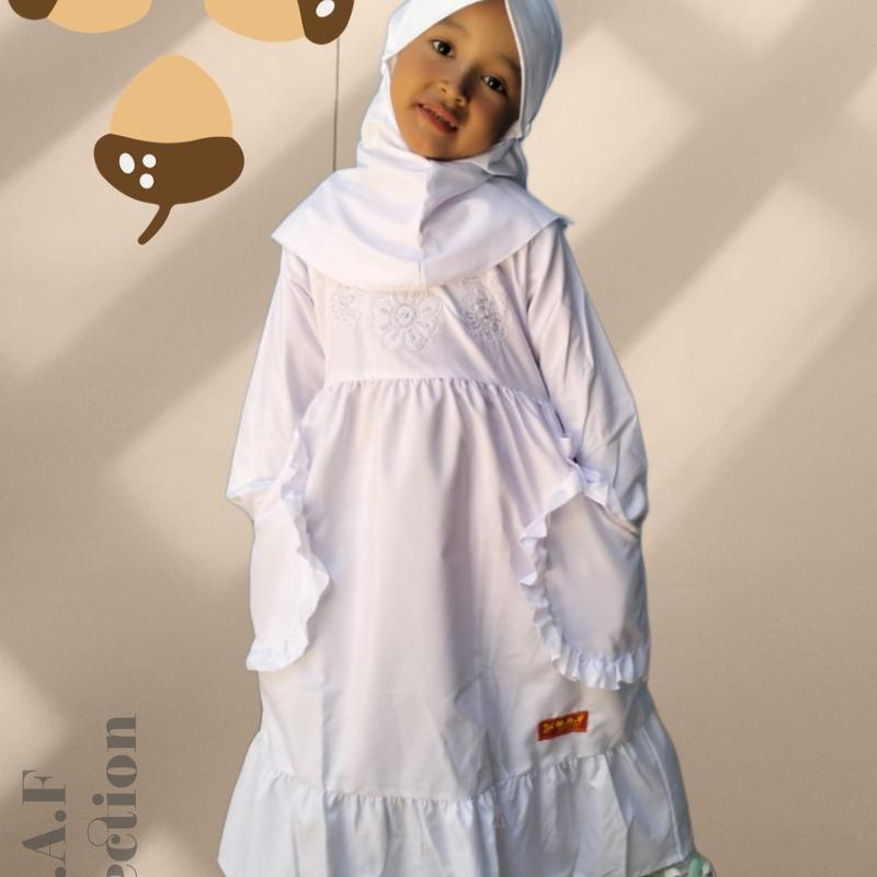 Gamis anak putih bordir kantong 2 /gamis anak manasik 4_12th Muslim Sekolah Seragam Baju Tanggung Jilbab Setelan Panjang Nyaman Dress 3